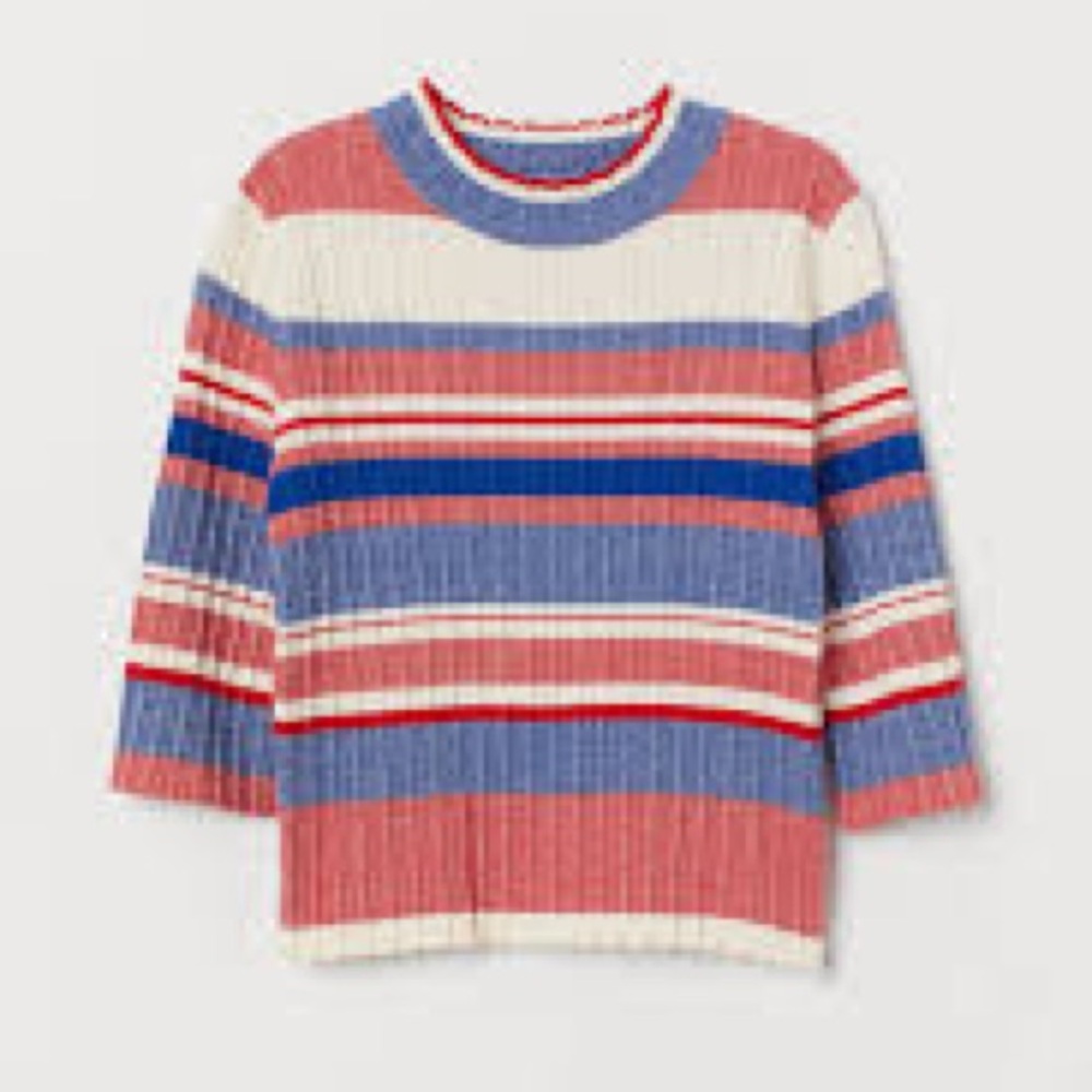 🦋 H&M Striped Red, White & Blue Crew Neck Fitted 3/4 Sleeve Cropped Sweater